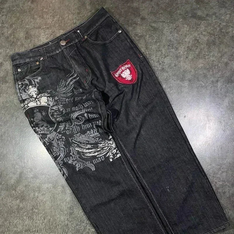 Jeans – Y2K Skull Embroidered, Wide-Leg Harajuku Hip-Hop