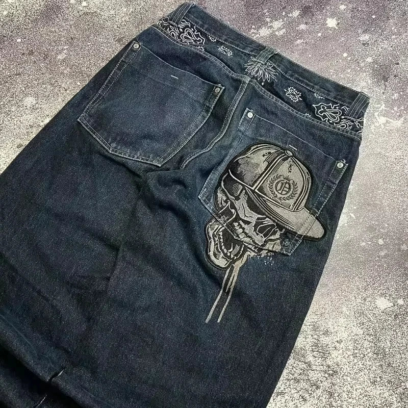 Jeans – Y2K Skull Embroidered, Wide-Leg Harajuku Hip-Hop