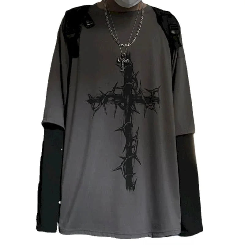 T-Shirt – Cross of Thorns, Long Sleeve, Y2K Oversize Hip-Hop