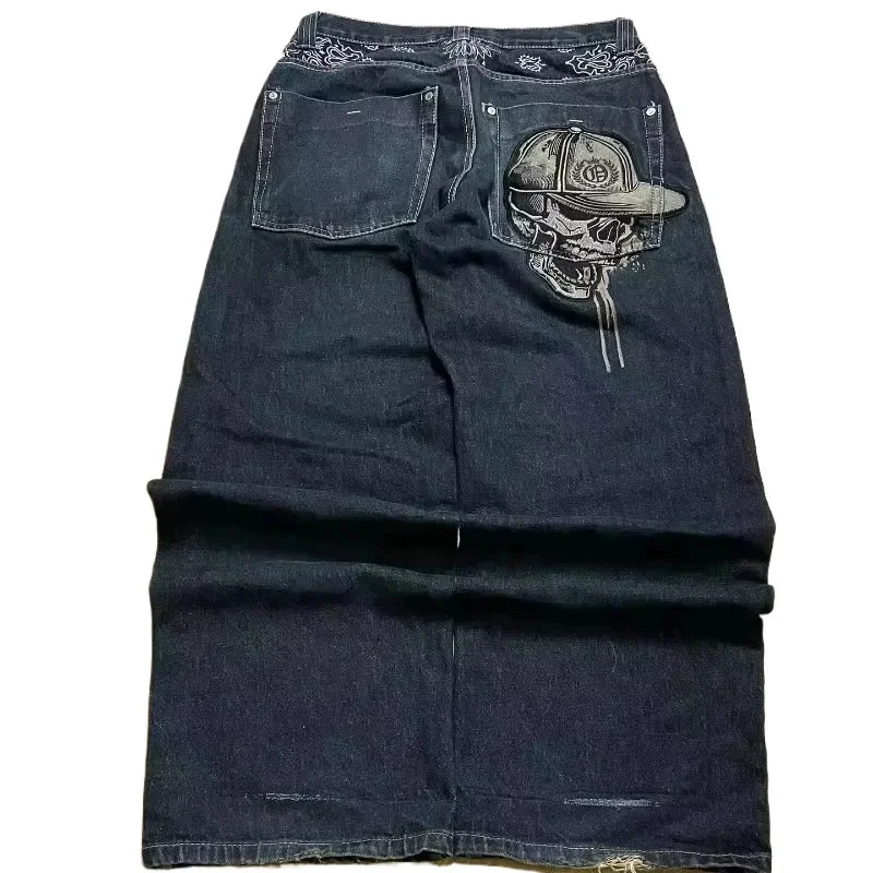 Jeans – Y2K Skull Embroidered, Wide-Leg Harajuku Hip-Hop