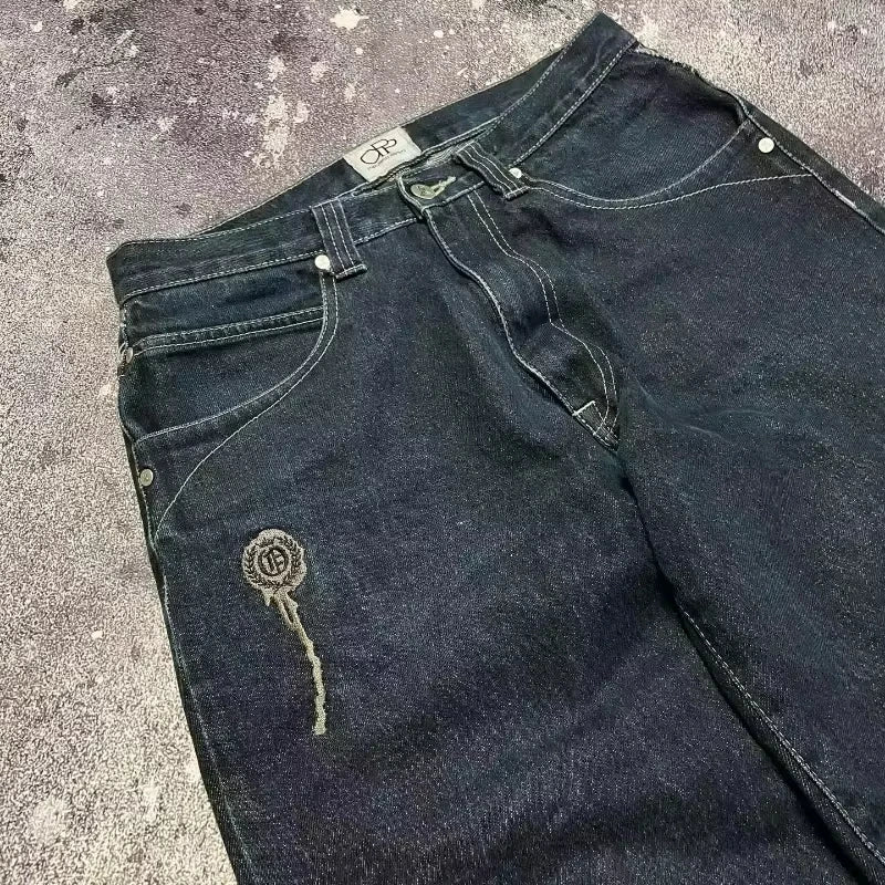 Jeans – Y2K Skull Embroidered, Wide-Leg Harajuku Hip-Hop