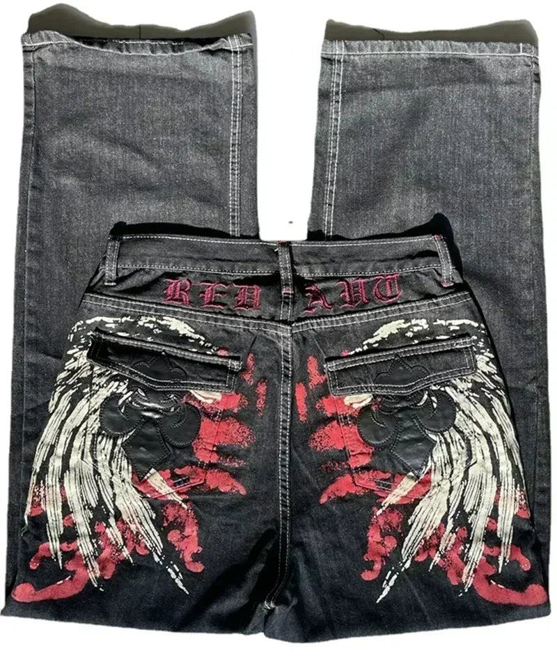 Jeans – Y2K Skull Embroidered, Wide-Leg Harajuku Hip-Hop