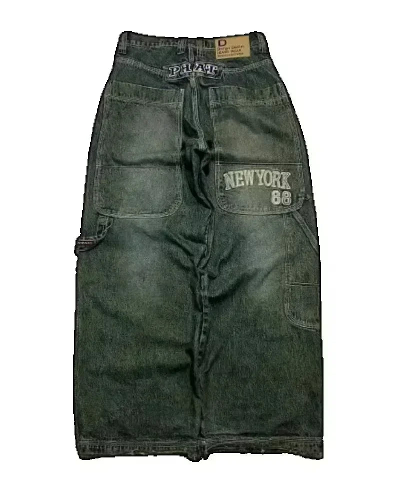 Jeans – Y2K Skull Embroidered, Wide-Leg Harajuku Hip-Hop