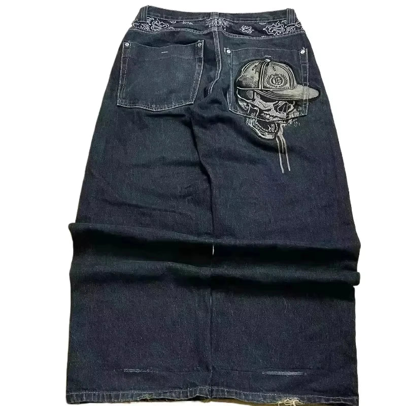 Jeans – Y2K Skull Embroidered, Wide-Leg Harajuku Hip-Hop