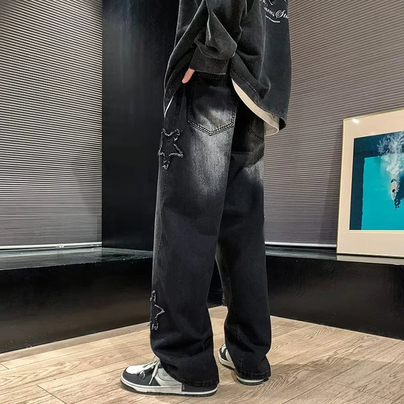 Jeans – Stars Patchwork, Y2K Tassel, Straight Hip Hop Streetwear