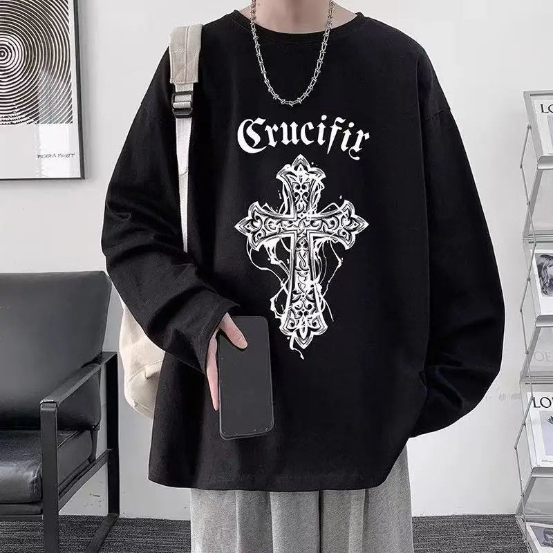 T-Shirt – Cross of Thorns, Long Sleeve, Y2K Oversize Hip-Hop