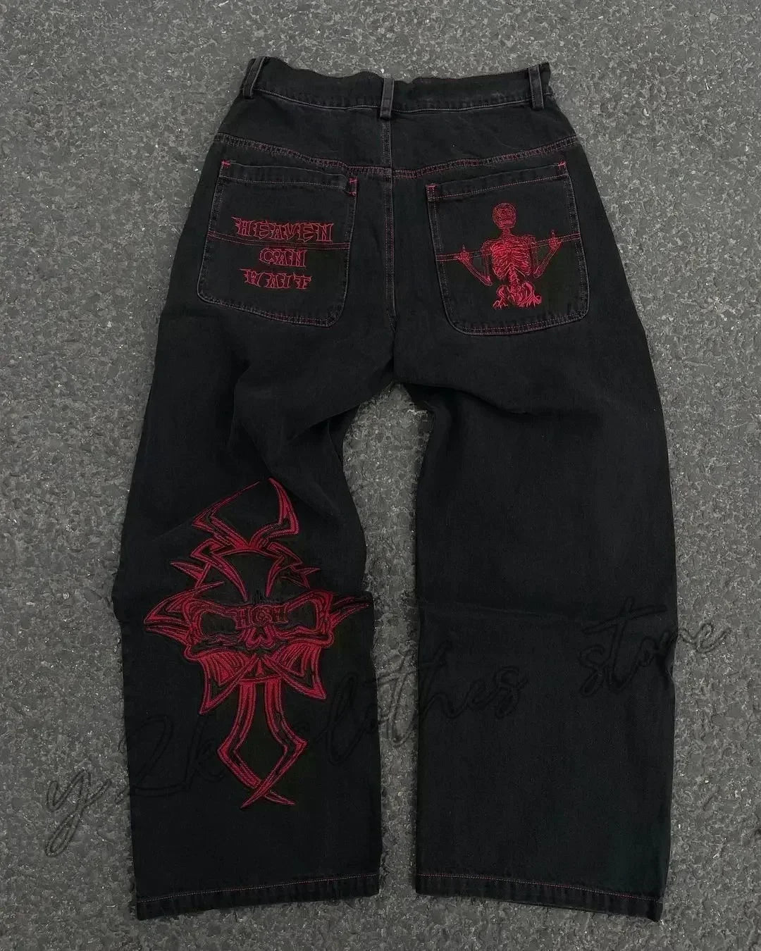 Jeans – Y2K Skull Embroidered, Wide-Leg Harajuku Hip-Hop