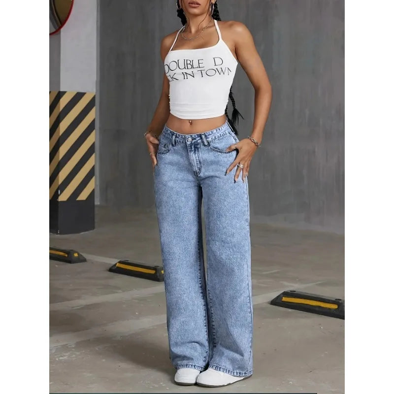 Jeans – Wide-Leg, High Waist, Bow Embroidery Casual