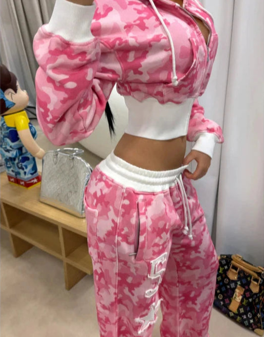 Sportswear Set – Retro Harajuku, Pink Camo, Hoodie & Pants