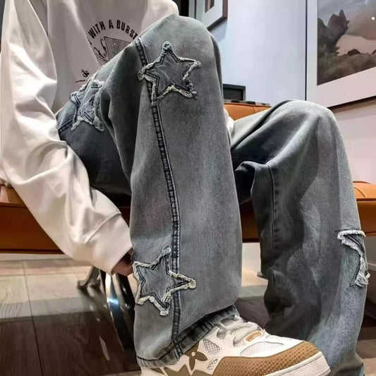 Jeans – Stars Patchwork, Y2K Tassel, Straight Hip Hop Streetwear