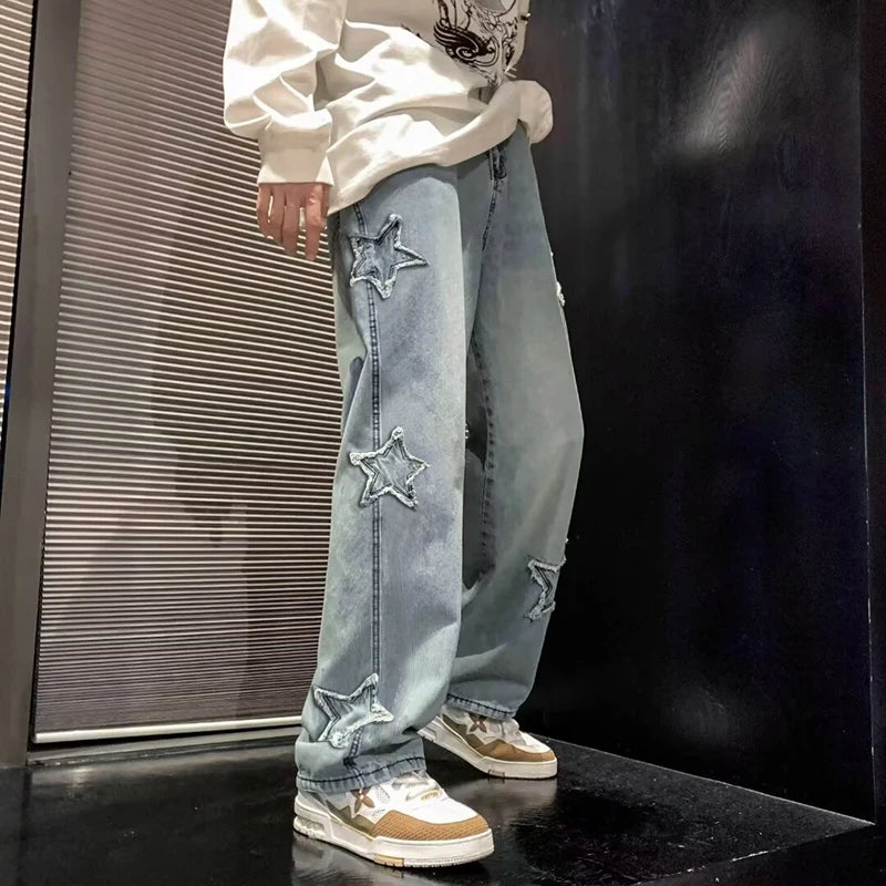Jeans – Stars Patchwork, Y2K Tassel, Straight Hip Hop Streetwear