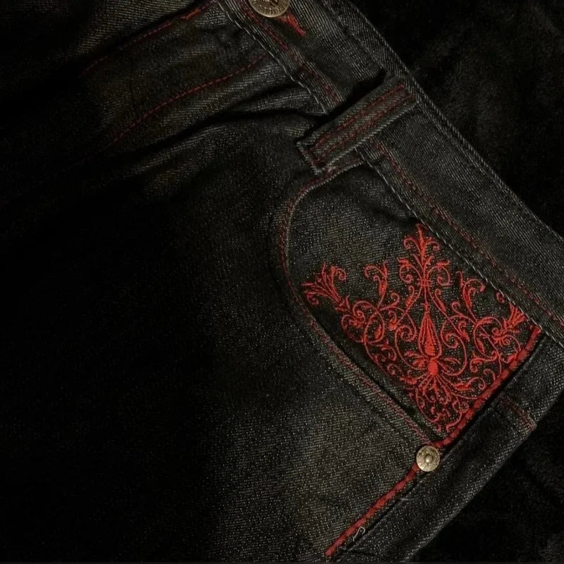 Jeans – Gothic Embroidered, Y2K High Waist, Retro Street Style