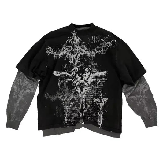 Y2K T-Shirt – Skull Pattern, Long Sleeve, Oversized Gothic Style