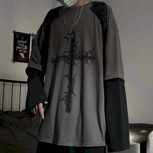 T-Shirt – Cross of Thorns, Long Sleeve, Y2K Oversize Hip-Hop