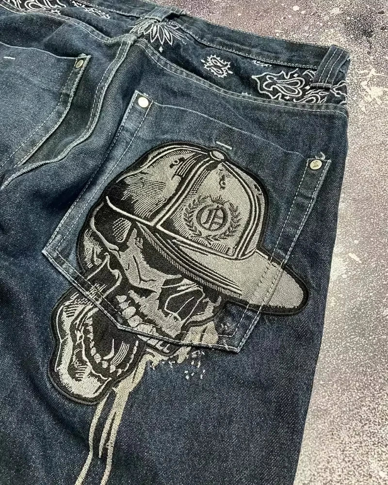 Jeans – Y2K Skull Embroidered, Wide-Leg Harajuku Hip-Hop
