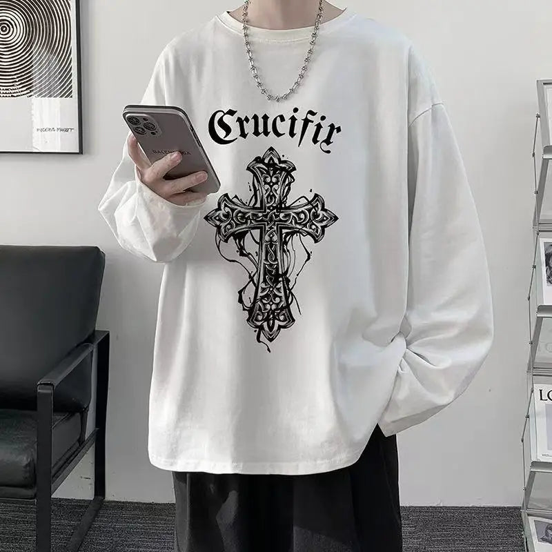T-Shirt – Cross of Thorns, Long Sleeve, Y2K Oversize Hip-Hop