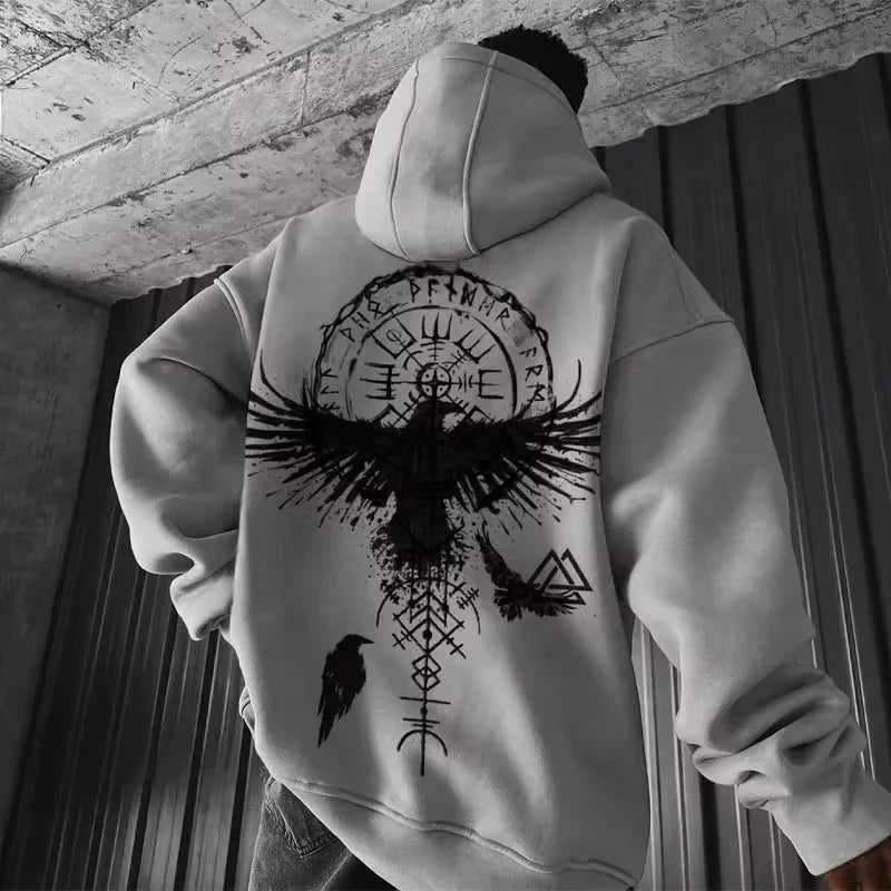 Hoodie – Viking Totem Print, Y2K Cotton, Loose Eagle Pattern