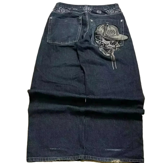 Jeans – Y2K Skull Embroidered, Wide-Leg Harajuku Hip-Hop