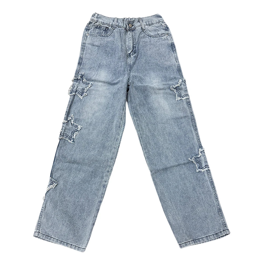 Jeans – Stars Patchwork, Y2K Tassel, Straight Hip Hop Streetwear