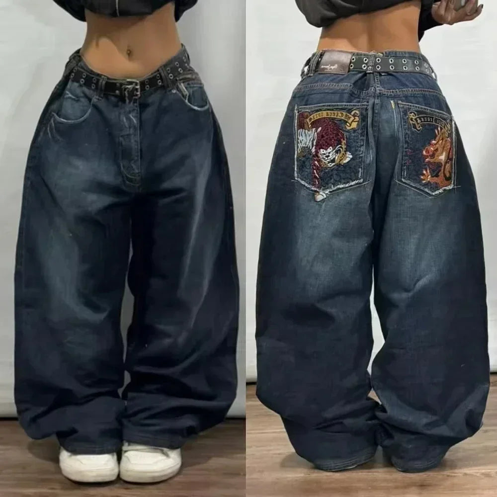 Jeans – Y2K Skull Embroidered, Wide-Leg Harajuku Hip-Hop