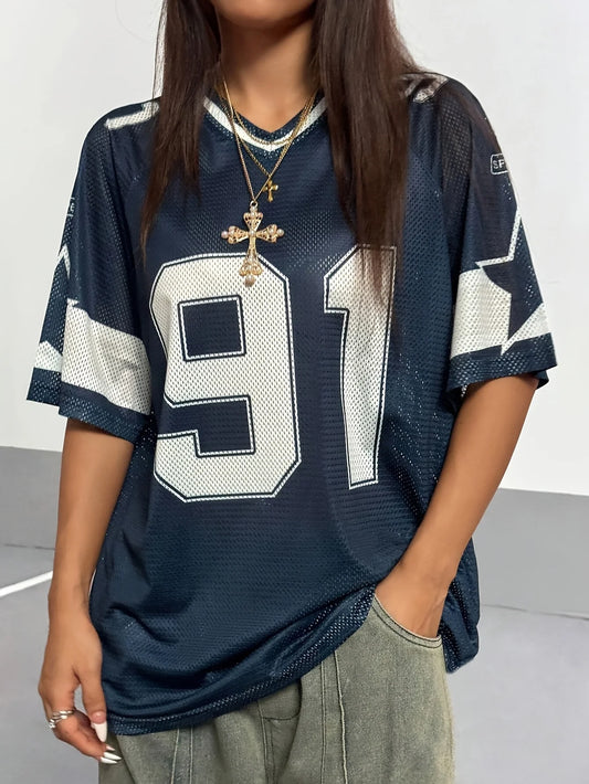 Summer T-Shirt – V-Neck, Digital Print, Casual Baseball Style