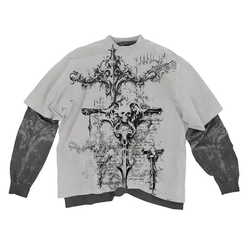 Y2K T-Shirt – Skull Pattern, Long Sleeve, Oversized Gothic Style