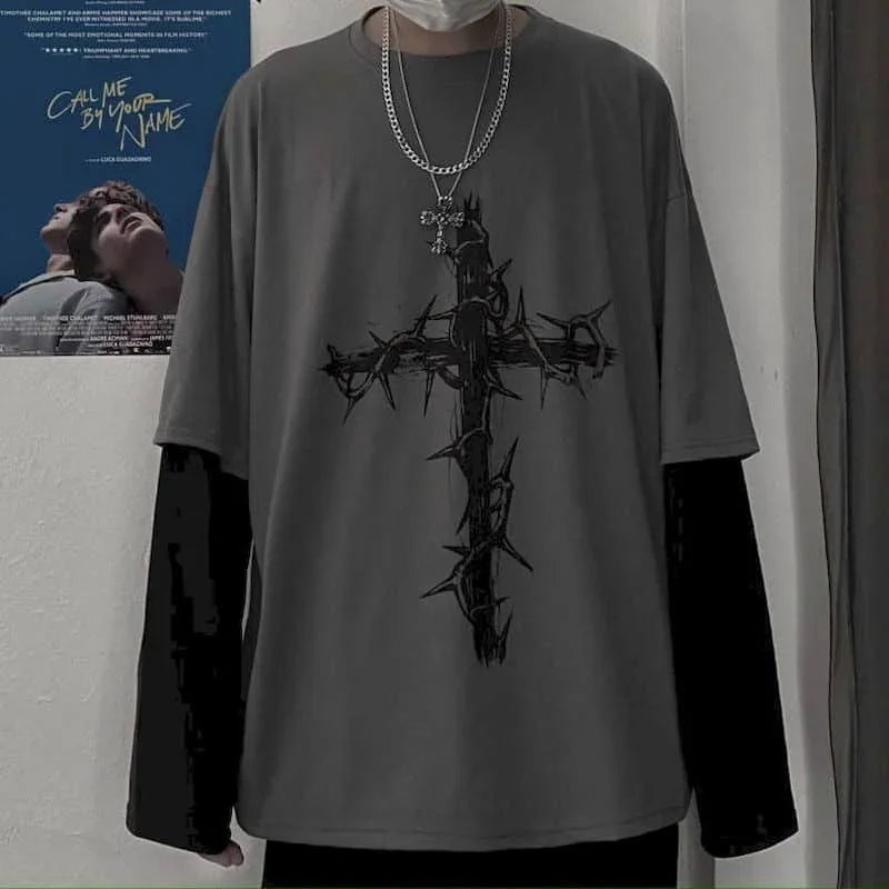 T-Shirt – Cross of Thorns, Long Sleeve, Y2K Oversize Hip-Hop
