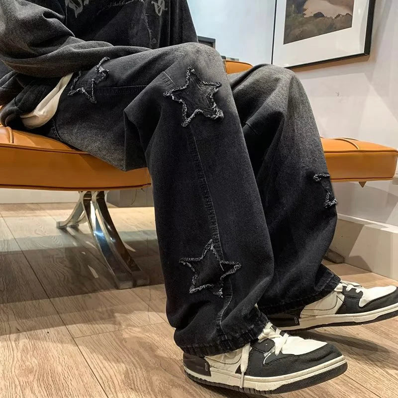 Jeans – Stars Patchwork, Y2K Tassel, Straight Hip Hop Streetwear