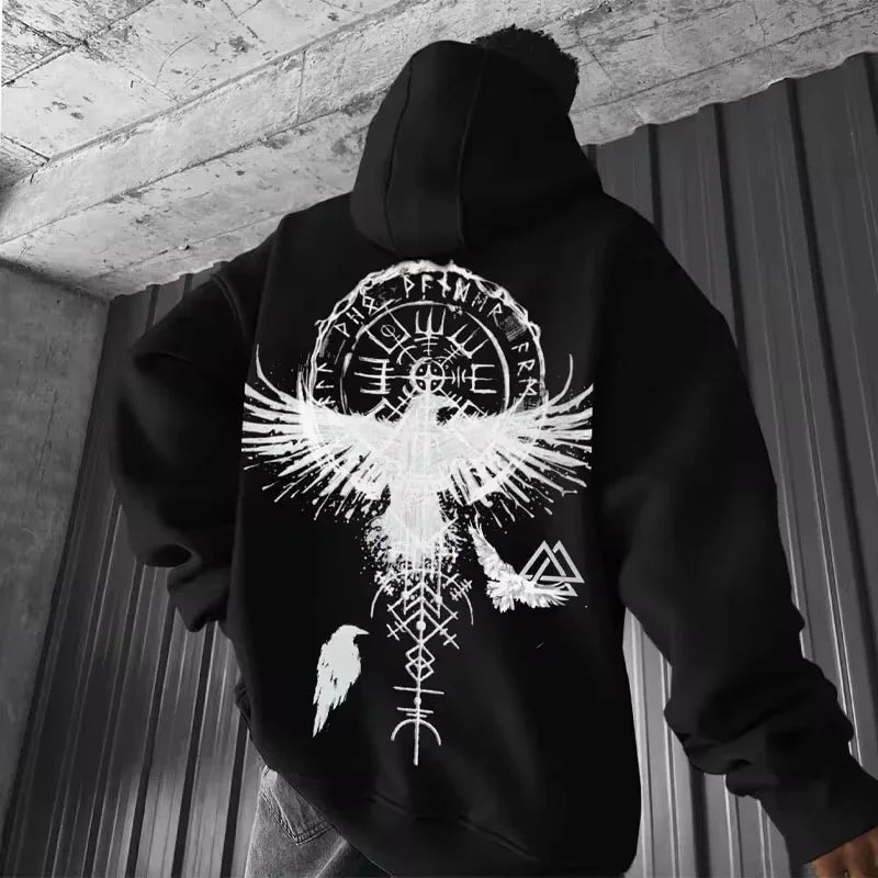Hoodie – Viking Totem Print, Y2K Cotton, Loose Eagle Pattern