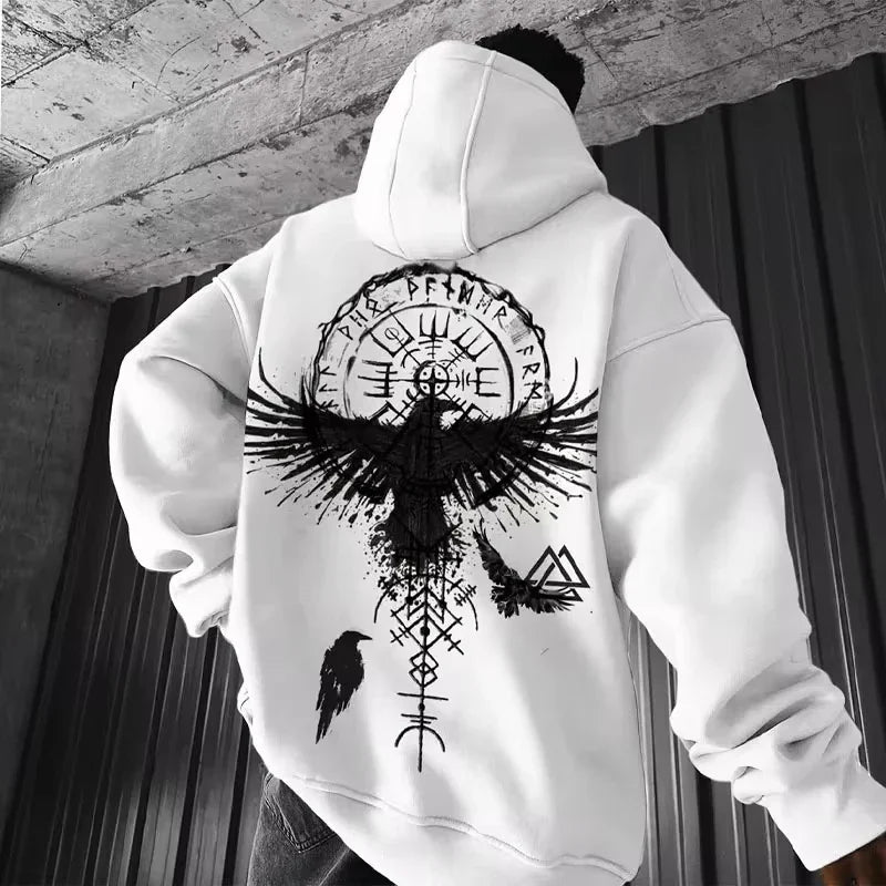 Hoodie – Viking Totem Print, Y2K Cotton, Loose Eagle Pattern
