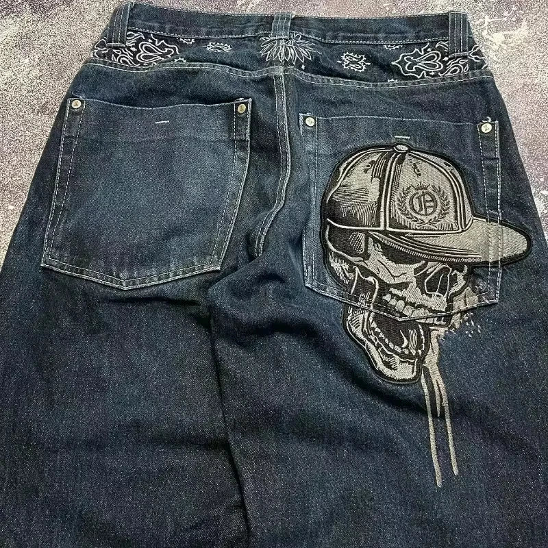 Jeans – Y2K Skull Embroidered, Wide-Leg Harajuku Hip-Hop