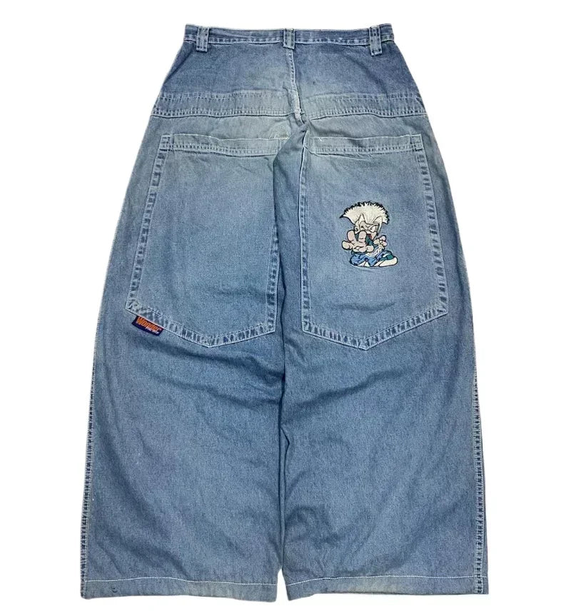 Jeans – Y2K Skull Embroidered, Wide-Leg Harajuku Hip-Hop