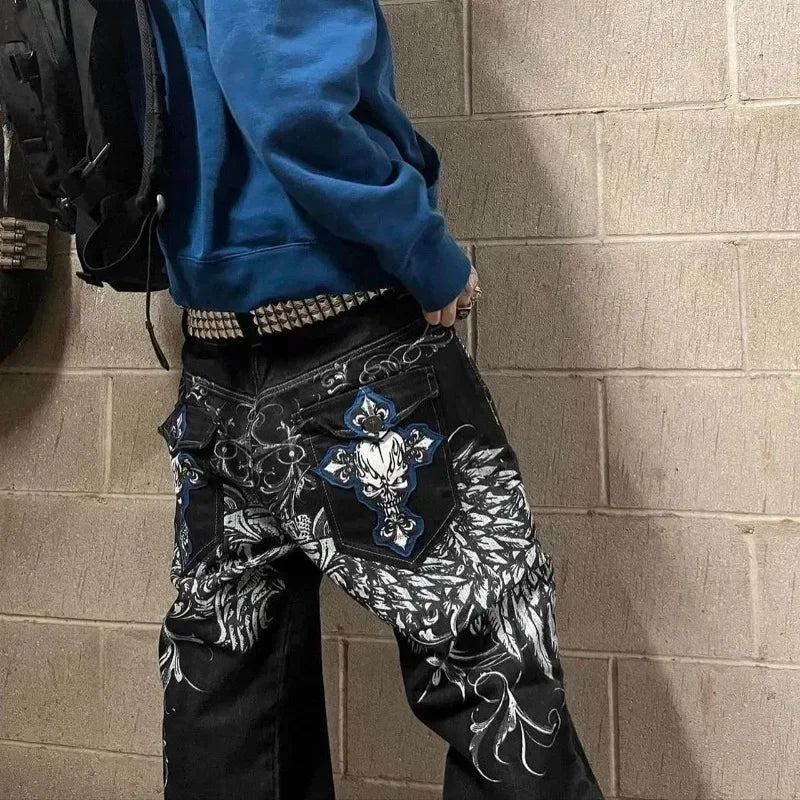Jeans – Gothic Embroidered, Y2K High Waist, Retro Street Style