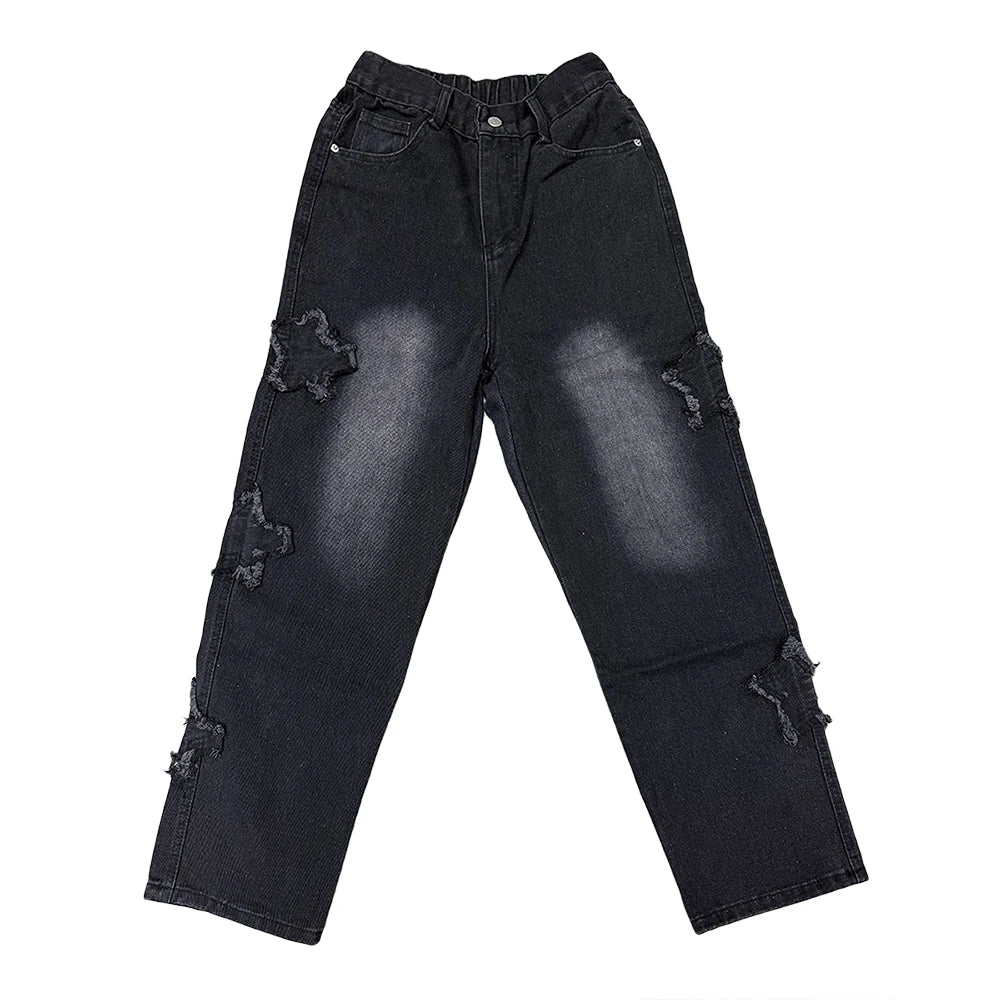 Jeans – Stars Patchwork, Y2K Tassel, Straight Hip Hop Streetwear