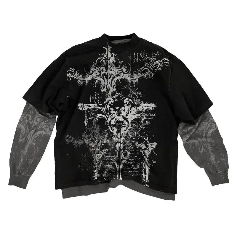 Y2K T-Shirt – Skull Pattern, Long Sleeve, Oversized Gothic Style
