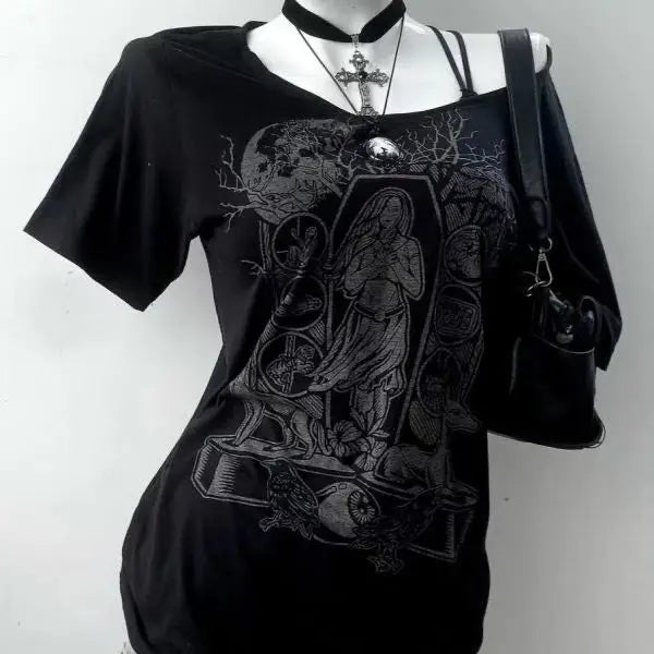 Streetwear T-Shirt – Y2K Print, Off-Shoulder, Casual Summer Top