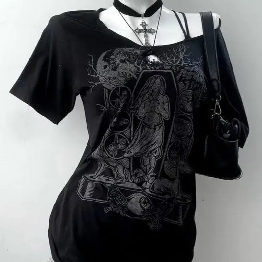 Streetwear T-Shirt – Y2K Print, Off-Shoulder, Casual Summer Top