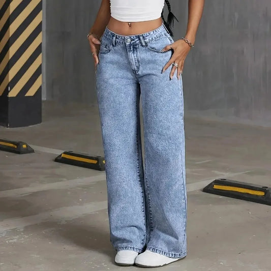 Jeans – Wide-Leg, High Waist, Bow Embroidery Casual