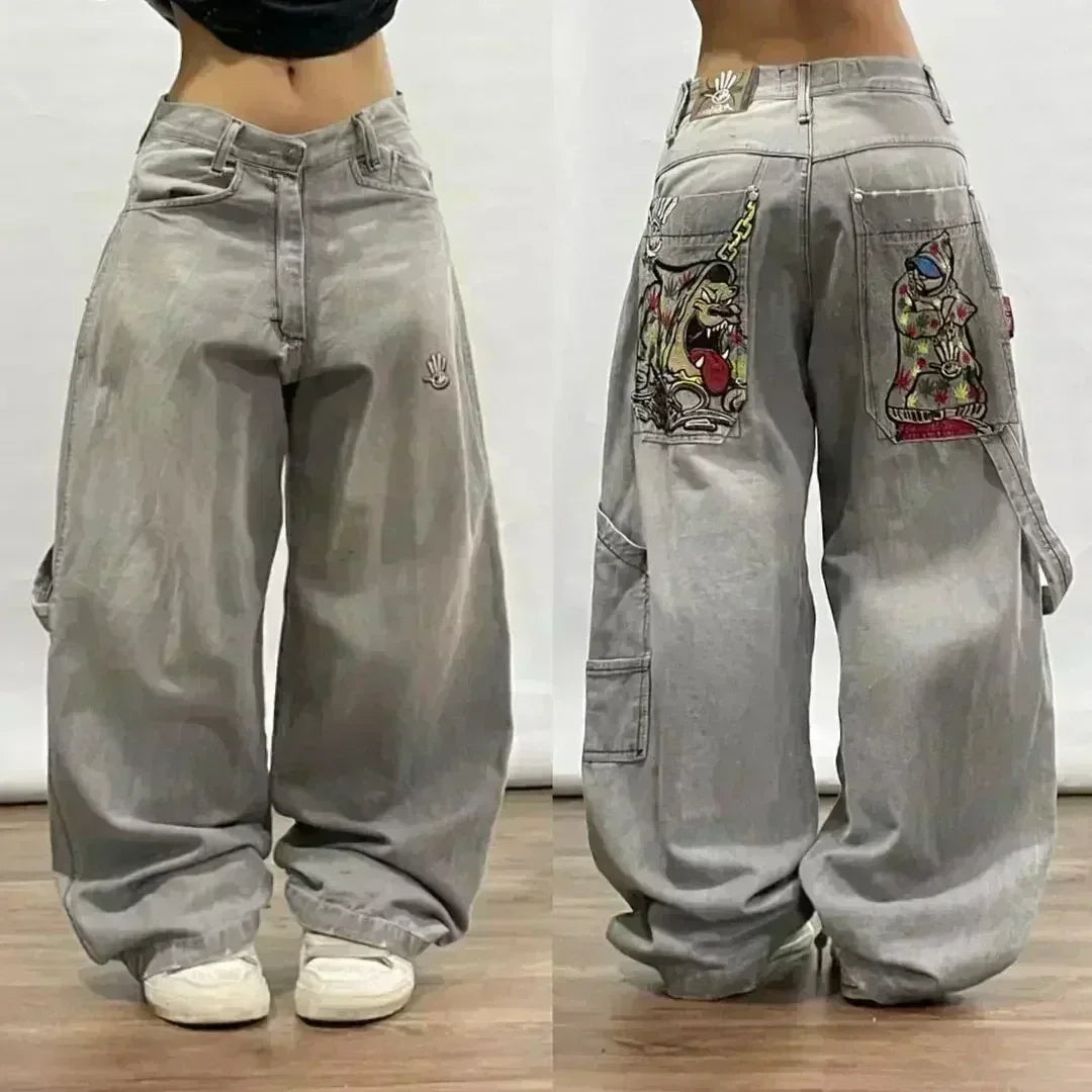 Jeans – Y2K Skull Embroidered, Wide-Leg Harajuku Hip-Hop