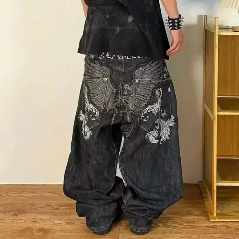 Jeans – Y2K Skull Embroidered, Wide-Leg Harajuku Hip-Hop