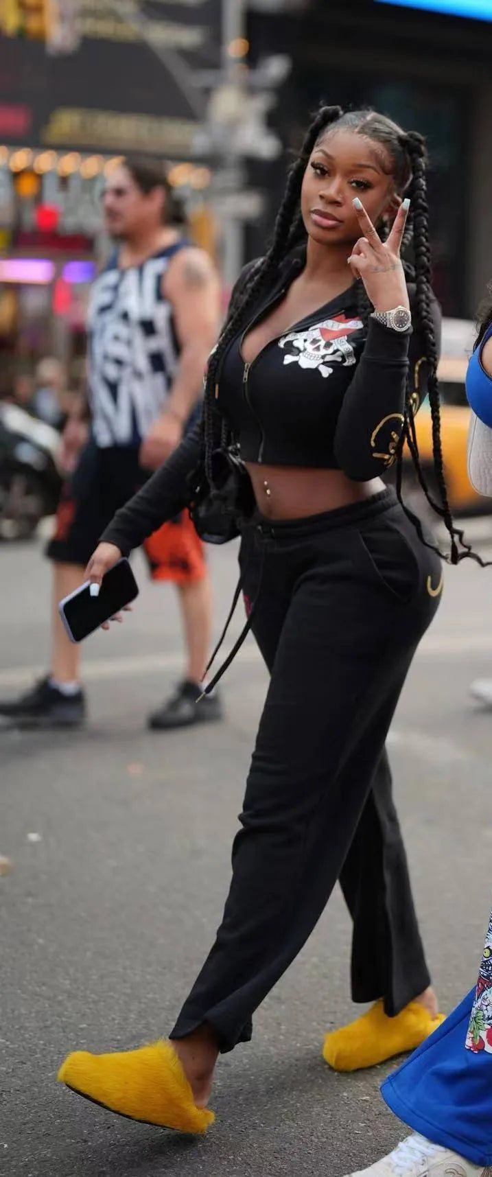 Women’s Two-Piece Set – Skull Print Zipper Cardigan & High Waist Straight Trousers, Trendy Street Style