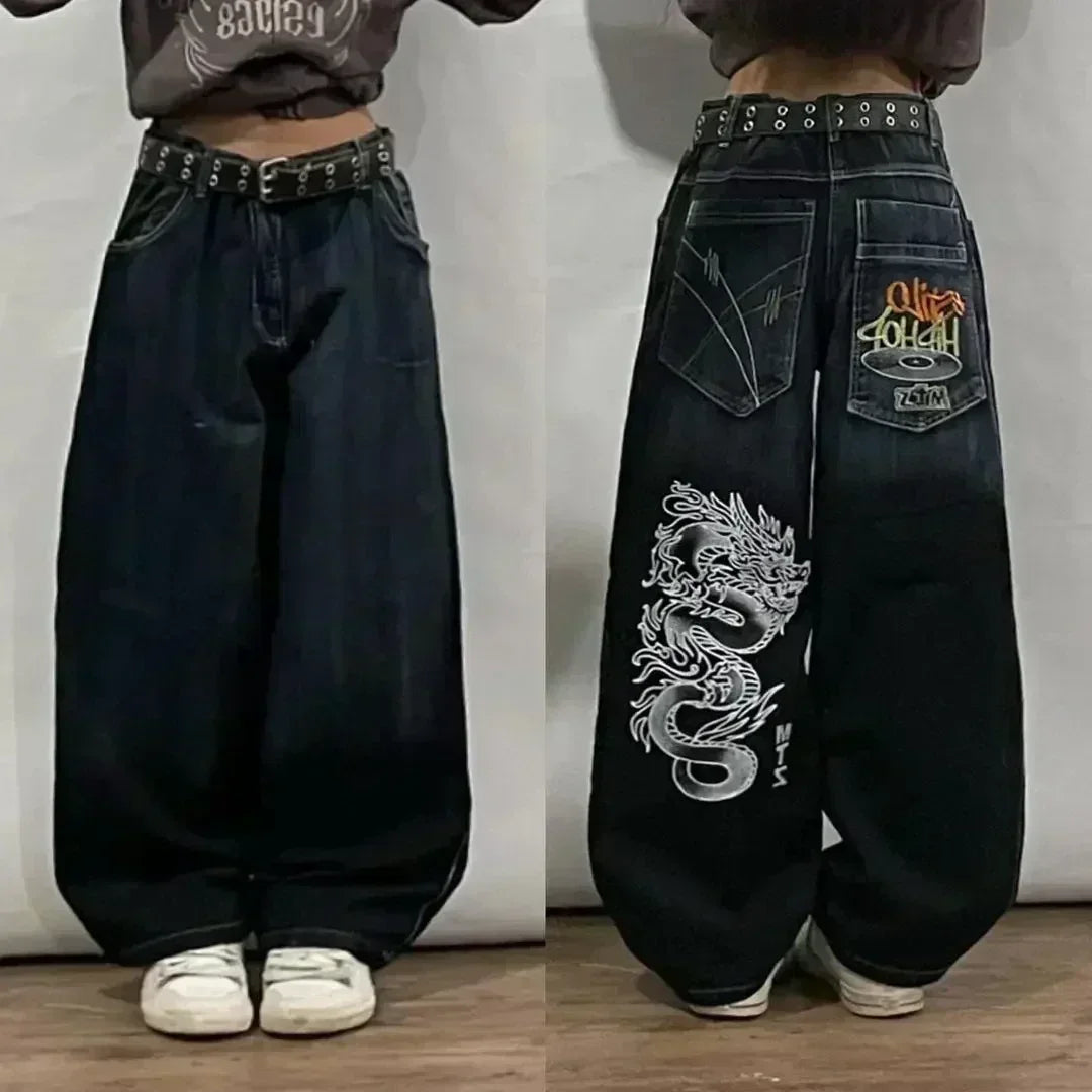Jeans – Y2K Skull Embroidered, Wide-Leg Harajuku Hip-Hop